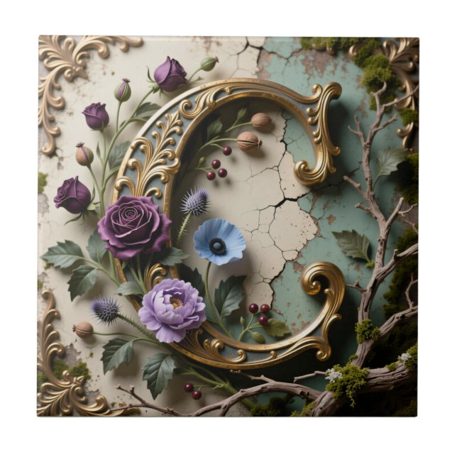 Baroque Gold Patina Letter C Monogram Fliese (Vorderseite)