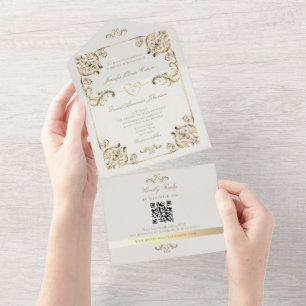 Baroque Gold Wedding QR Code All In One Einladung