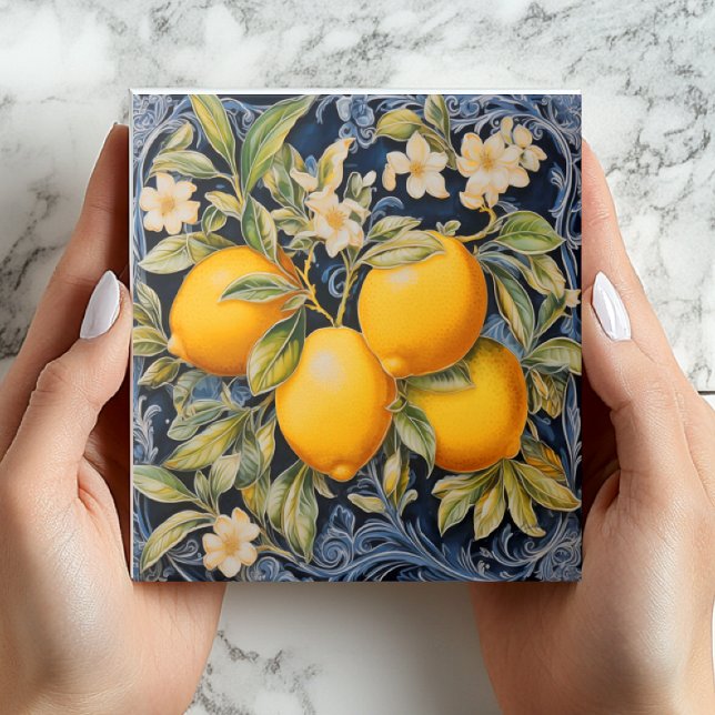 Baroque Lemon Botanical Ceramic Tile with Scrolls Fliese (Baroque)