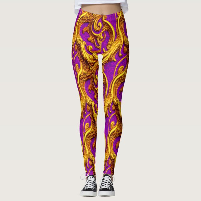 Baroque Rococo Golden Purple Filagree Design Leggings (Vorderseite)