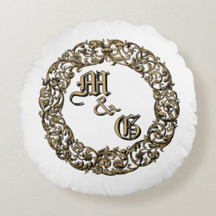 Baroque Rokoko Cartouche Monogramme Hochzeitsringe Rundes Kissen