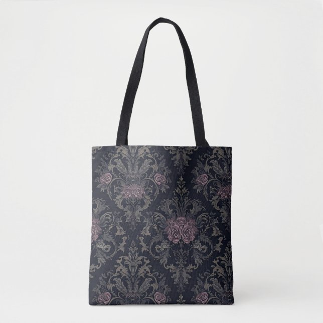 Baroque Rose Moth Tote – Gothic Floral Damask Bag (Vorderseite)