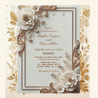 Baroque White Flowers Opulence Ivory Gold Frame Einladung