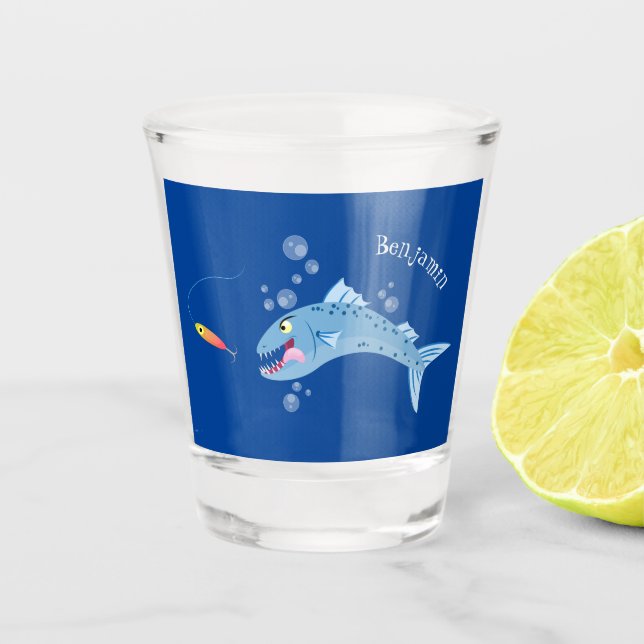 Barracuda Fisch hungriger Cartoon Schnapsglas (Vorderseite)