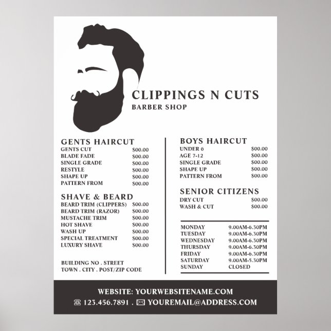 Bart-Logo, Herren-Friseur-Preisliste Poster (Vorne)