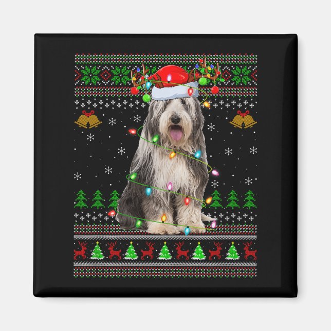 Bartcollie-Hund hässlicher Weihnachtspullover Holi Magnet (Vorne)