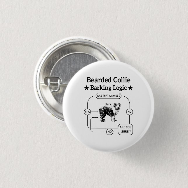 Bartded Collie Barking Logic Funny Dog Sarcastic Button (Vorne & Hinten)
