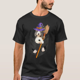 Bartded Collie Witch Broom Pocket Halloween Hund T-Shirt