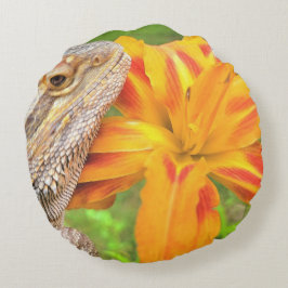 Bartete Drache und Orange Lily Print Rundes Kissen
