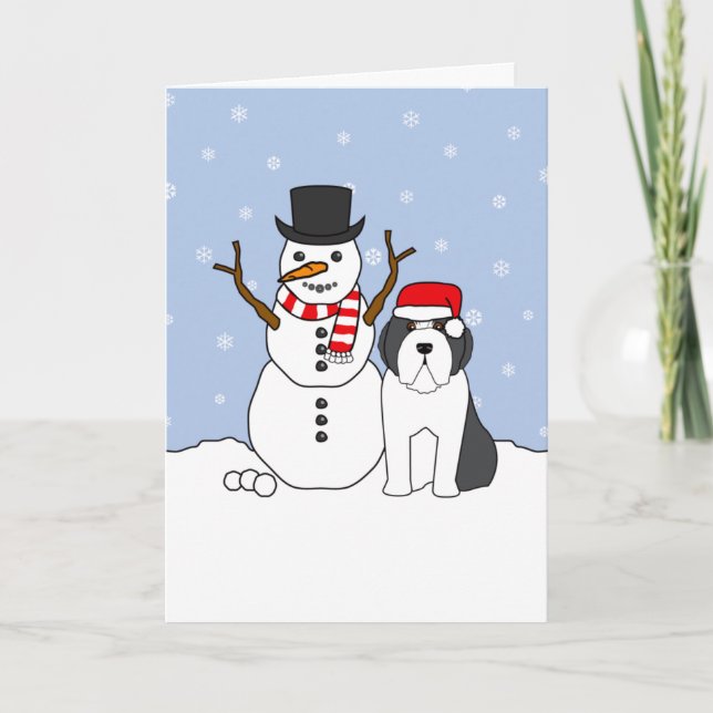 Bärtiger Collie und Schneemann Feiertagskarte (Vorderseite)