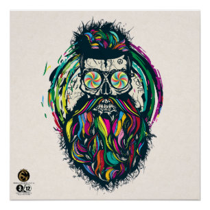 Bärtiger Hipster-Totenkopf und Schnurrbart Poster