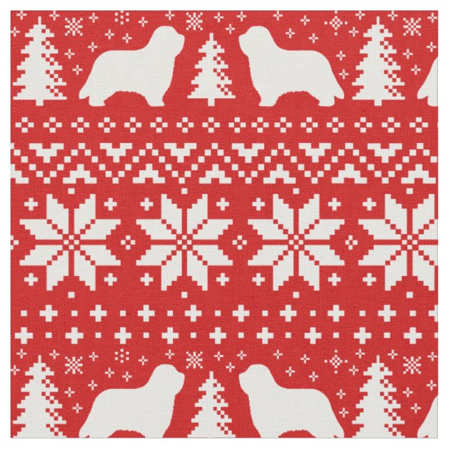 Bärtiges Collie-Silhouette-Weihnachtsmuster-Rot Stoff (Nahaufnahme)