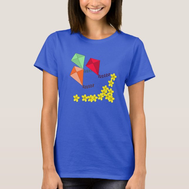 Basant Panchami Senf Blume und Kites T-Shirt (Vorderseite)