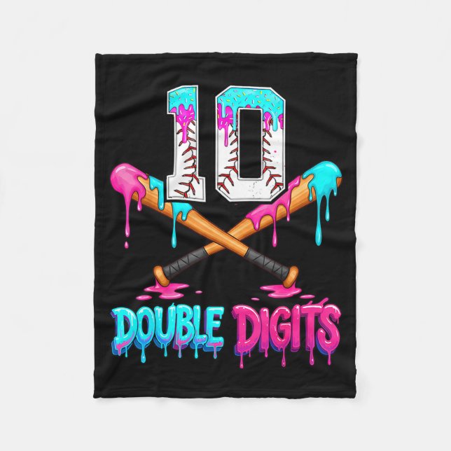 Baseball 10 Year Old Ice Cream Drip 10th Bday Doub Fleecedecke (Vorderseite)