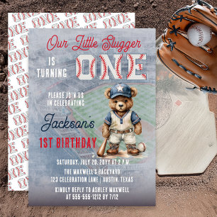 Baseball 1. Geburtstag Teddy Bär Little Slugger Einladung