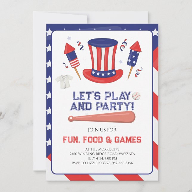Baseball 4. Juli-Party Einladung (Vorderseite)