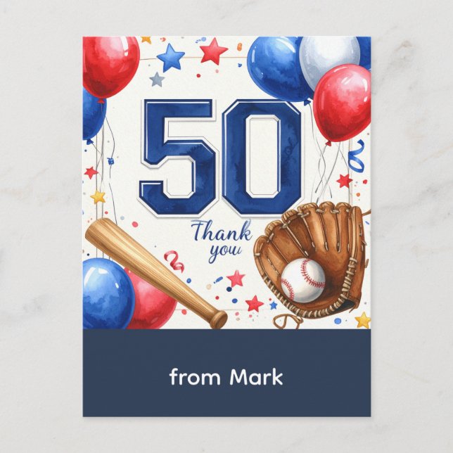 Baseball 50. Geburtstag Danke  Postkarte (Vorderseite)