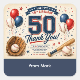 Baseball 50. Geburtstag Danke  Quadratischer Aufkleber