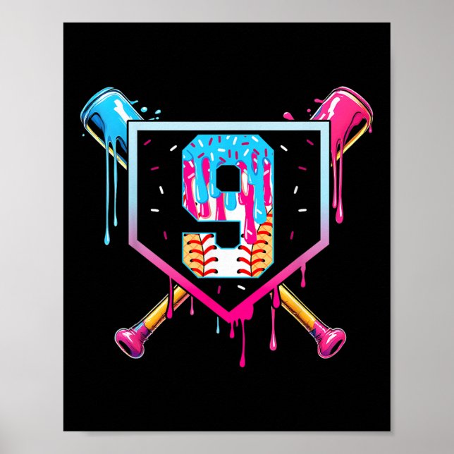 Baseball 9 Year Old Ice Cream Drip 9th Birthday Bo Poster (Vorne)