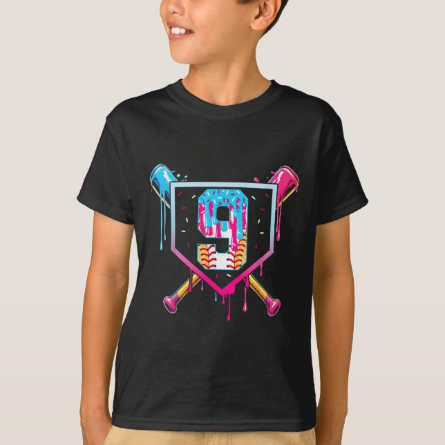Baseball 9 Year Old Ice Cream Drip 9th Birthday Bo T-Shirt (Vorderseite)