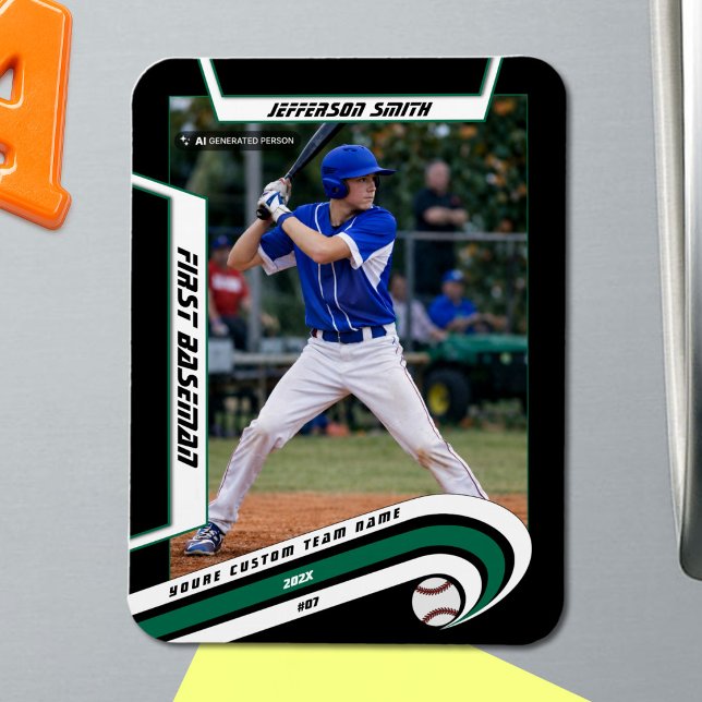 Baseball-Andenken Lebendiges Grün Schwarzes Benutz Magnet (Baseball Player Magnet in Black with Custom Team Name and White Green Elements)