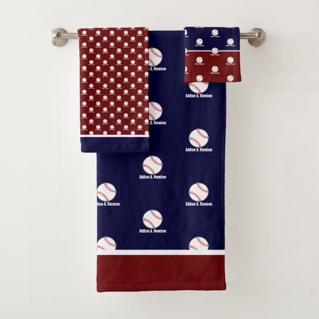 Baseball auf Navy Blue Maroon Name Sport Room Boys Badhandtuch Set (Insitu)