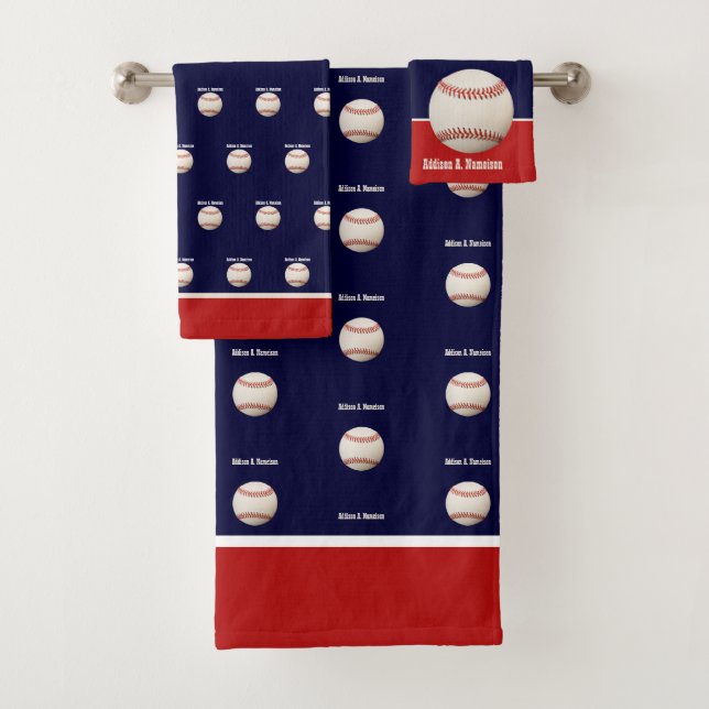 Baseball auf Navy Blue Name Sportraum Boys Bath Badhandtuch Set (Insitu)