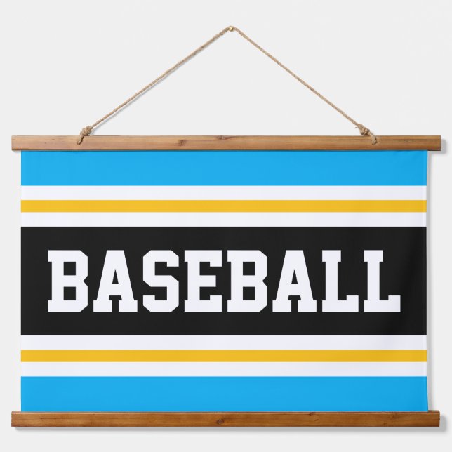 BASEBALL Azure Blue Black Yellow White Stripes Wandteppich Mit Holzrahmen (Vorne)