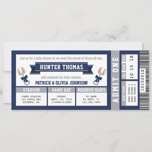 Baseball-Baby-Dusche Einladung, blau, grau Einladung (Vorderseite)