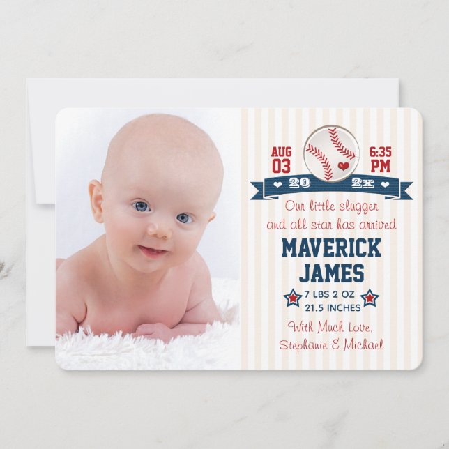 Baseball Baby Geburtserklärung mit Fotos Ankündigung (Vorderseite)