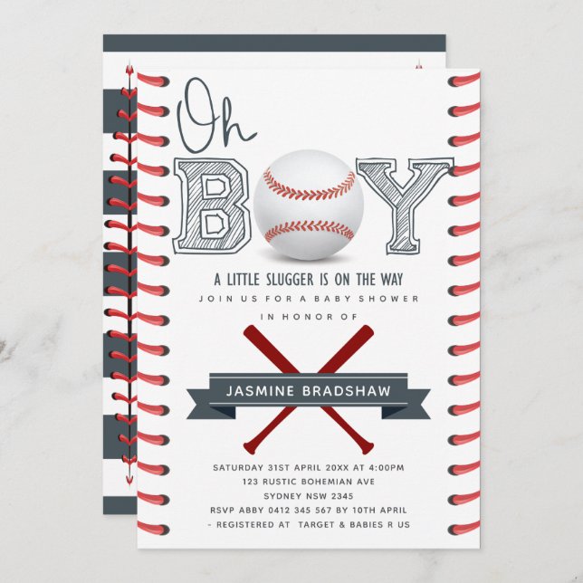 Baseball Baby Shower Oh Boy Einladung (Vorne/Hinten)