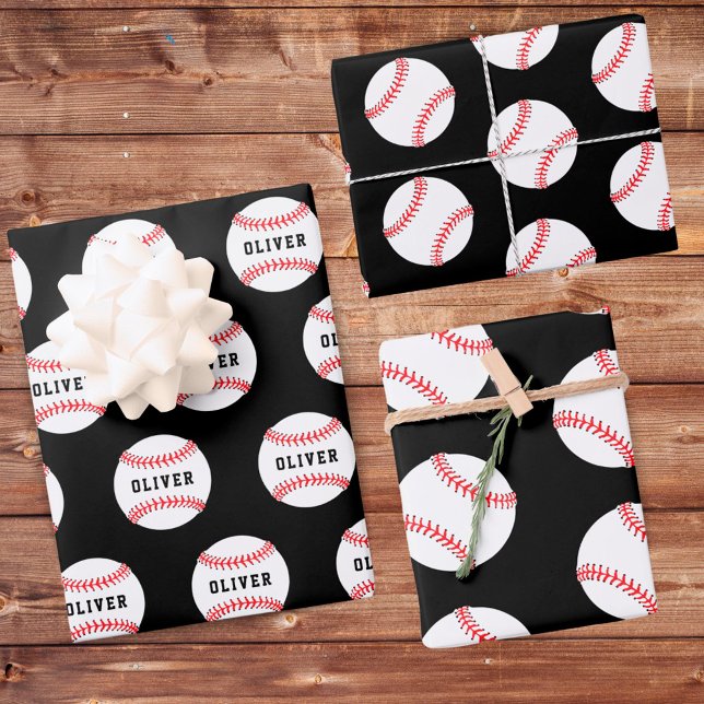 Baseball Ball Black Pattern Kids Name  Geschenkpapier Set (Von Creator hochgeladen)