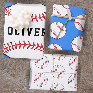 Baseball Ball Blau Muster Kinder Name Geburtstag  Geschenkpapier Set