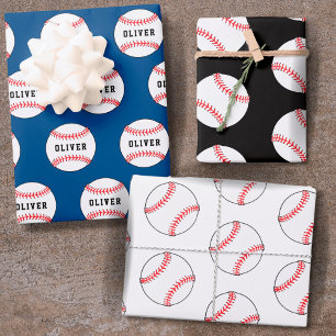 Baseball Ball Blau Muster Kinder Name Geschenkpapier Set