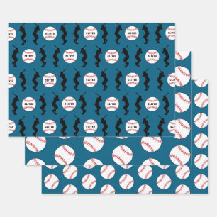 Baseball Ball Blau Sport Spieler Kinder Name Geschenkpapier Set