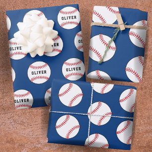 Baseball Ball Blaues Muster Kinder Name Geschenkpapier Set
