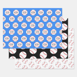 Baseball Ball Blue Muster Kids Name Geschenkpapier Set