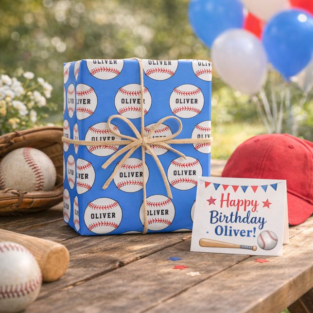 Baseball Ball Blue Muster Kids Name Geschenkpapier Set (Von Creator hochgeladen)