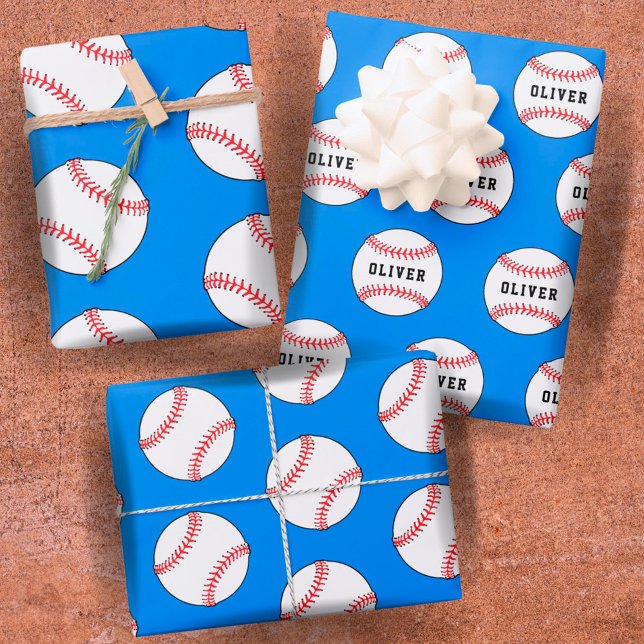 Baseball Ball Blue Pattern Kids Name  Geschenkpapier Set (Von Creator hochgeladen)