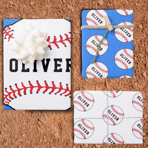 Baseball Ball Blue Pattern Kinder Name Geburtstag Geschenkpapier Set