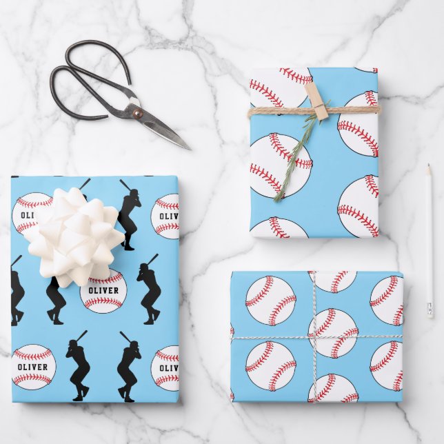 Baseball Ball Blue Sports Player Kinder Name Geschenkpapier Set (Vorderseite)