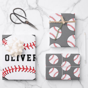 Baseball Ball Grau Muster Kinder Geburtsdatum Geschenkpapier Set