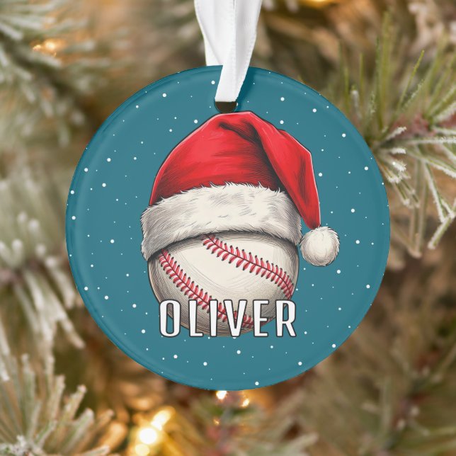 Baseball Ball mit Weihnachtsmannmütze Schneeflocke Ornament (Baum)