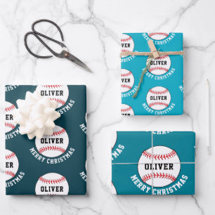 Baseball Ball Muster Kinder Name Frohe Weihnachten Geschenkpapier Set