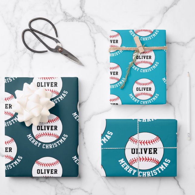 Baseball Ball Muster Kinder Name Frohe Weihnachten Geschenkpapier Set (Vorderseite)
