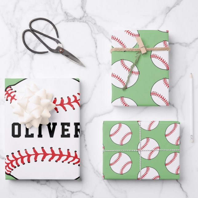 Baseball Ball Pattern Kids Name Birthday Geschenkpapier Set (Vorderseite)