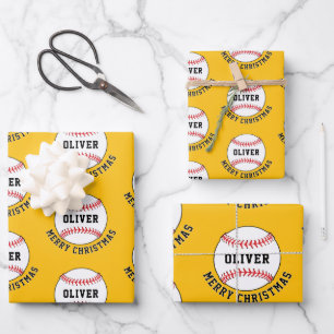 Baseball Ball Pattern Kinder Name Frohe Weihnachte Geschenkpapier Set