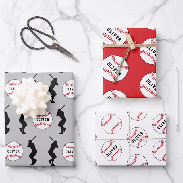 Baseball Ball Player Kinder Name Geburtstag Geschenkpapier Set (Vorderseite)