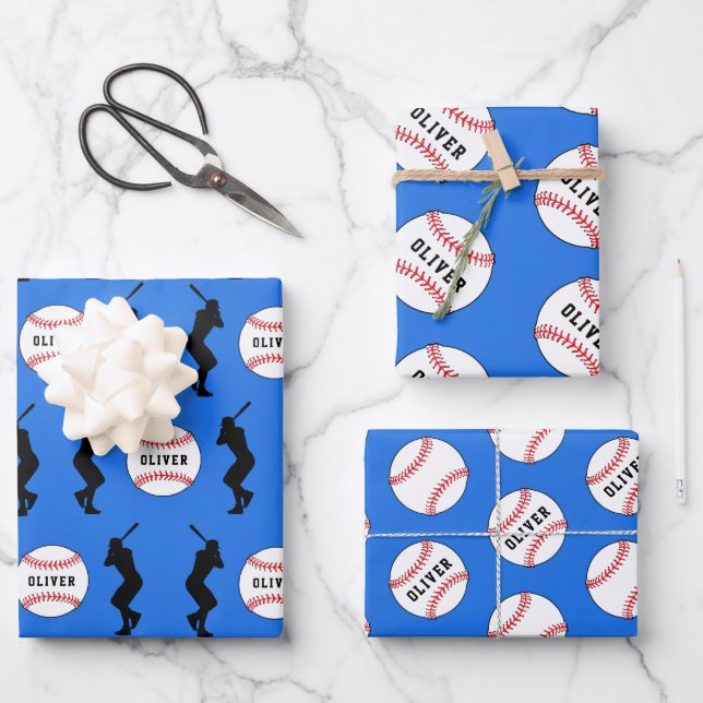 Baseball Ball Player Kinder Name Geburtstag Geschenkpapier Set (Vorderseite)