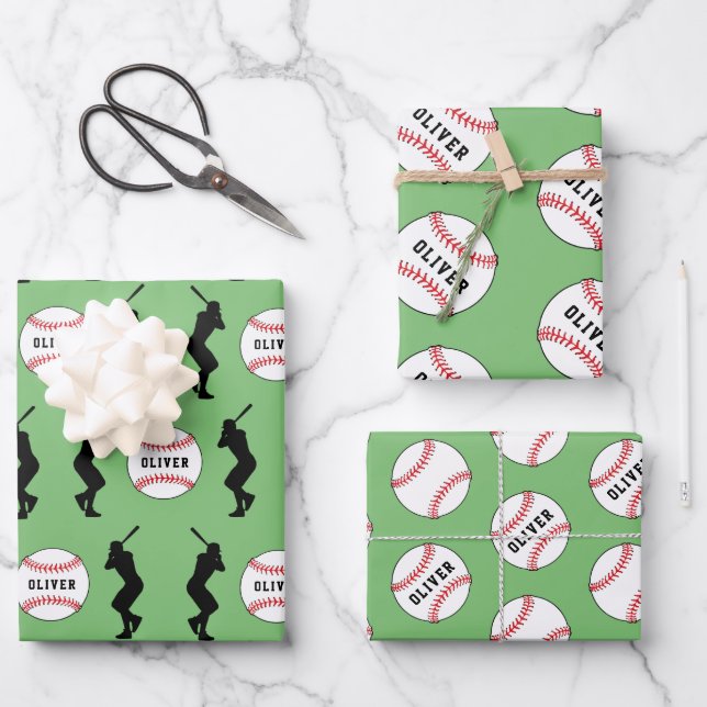 Baseball Ball Player Kinder Name Geburtstag Geschenkpapier Set (Vorderseite)